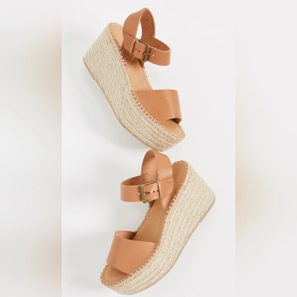Soludos Minorca Brown Leather Platform Woven Espadrille Sandals Size 9